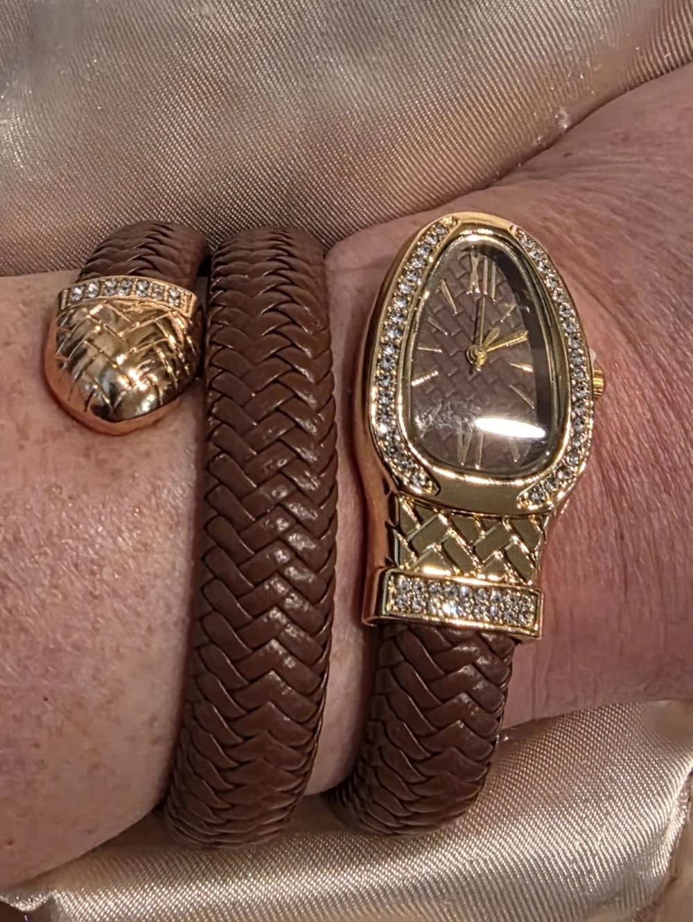 New! Serpent Wrap Watch • Brown Braided Leather Coil • Gold Crystal Bezel •NWOT